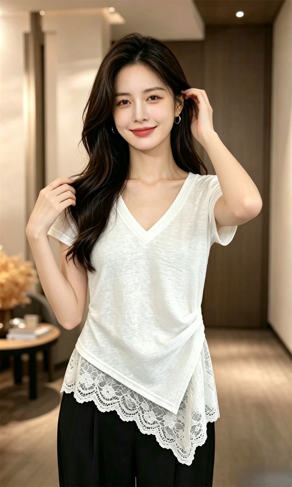눈꽃 면 밑단 레이스 조각 반팔 티셔츠 여성 여름 맨위
