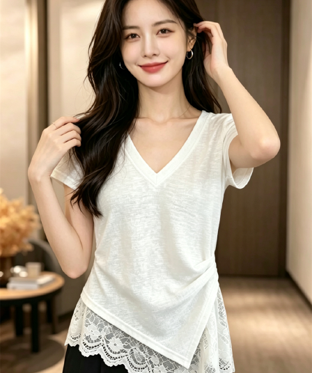 눈꽃 면 밑단 레이스 조각 반팔 티셔츠 여성 여름 맨위
