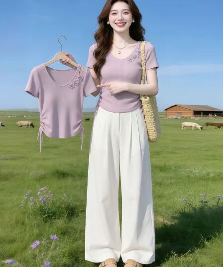 보라색 V넥 홀로우 아웃 3 차원 꽃 펌프 로프 꼬집기 허리 티셔츠 여성 2026 여름 도파민 작은 대중 외국 가스 맨위