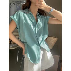 批发韩系高级感小飞袖polo领短袖衬衫女夏季宽松独特漂亮<b class='q'>棉麻</b>翻领<b class='q'>上衣</b>