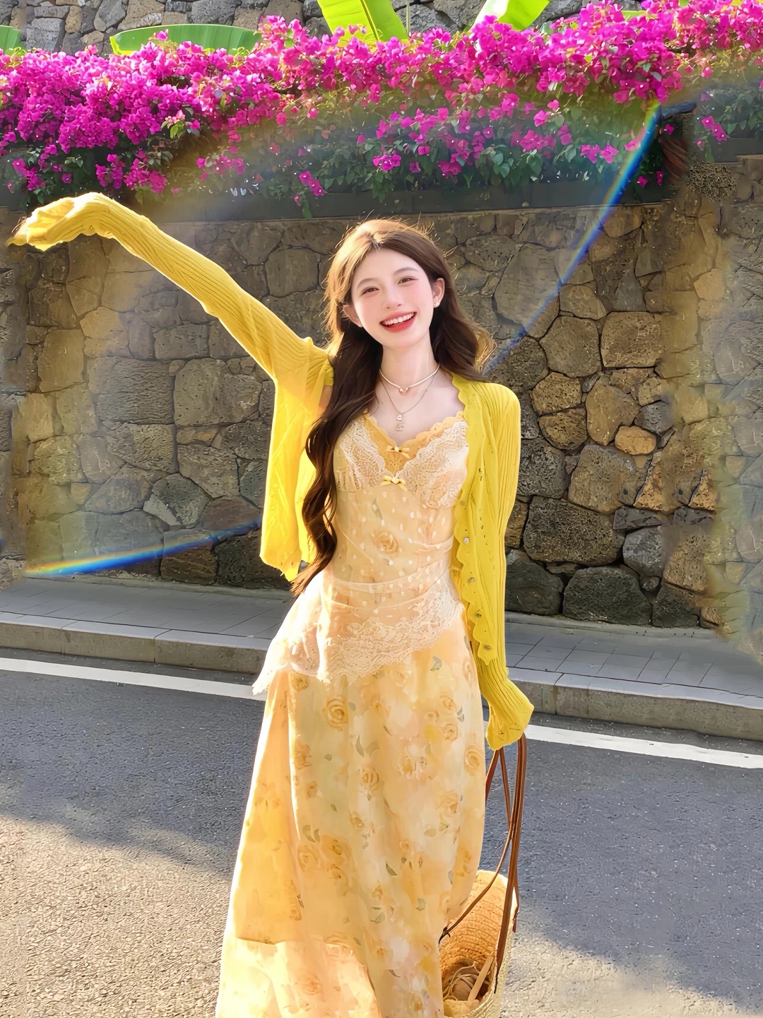 여름 여행 밝은 착용 가져 가라. 오픈 가디건 롱 스커트 세트 황색 레이스 슬립 꽃무늬 드레스