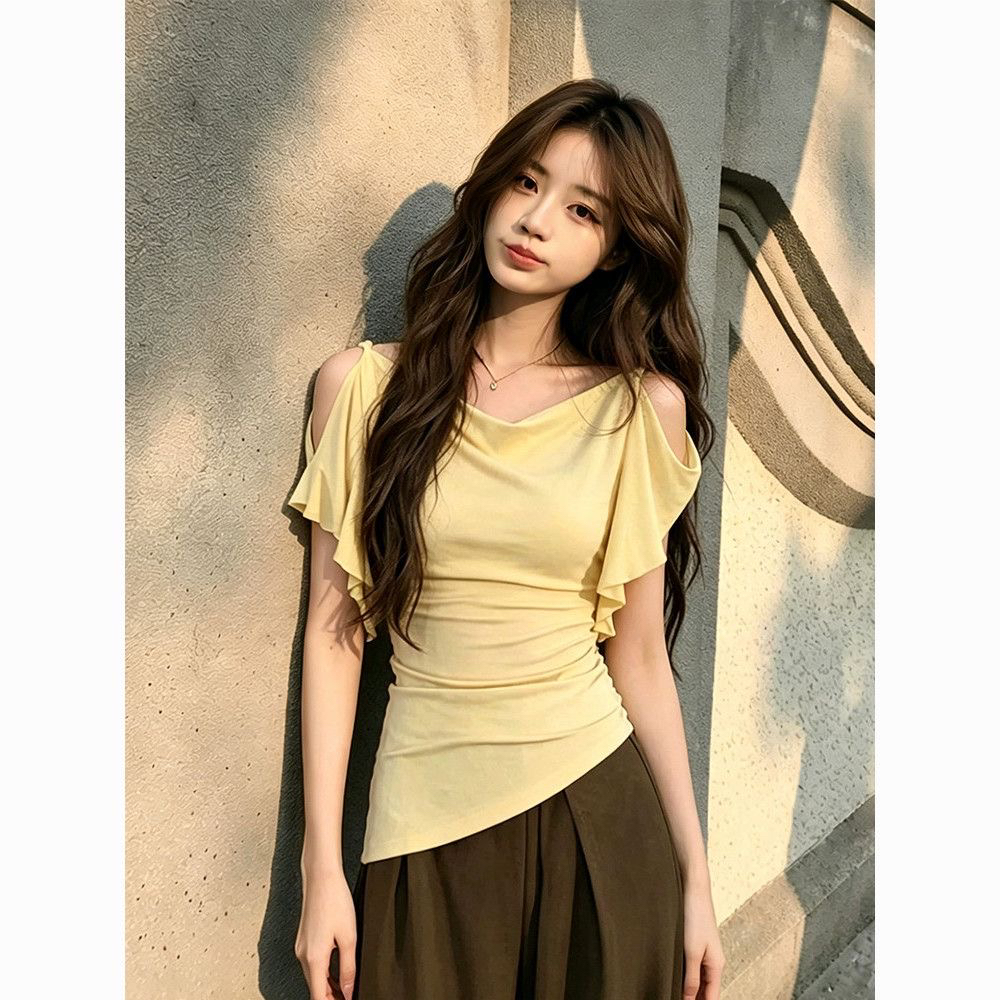 둘 착용 프랑스식 흔들다 칼라 부드러운 미적 감각 대 가을 어깨 의류 여성 오프숄더 프릴 티셔츠