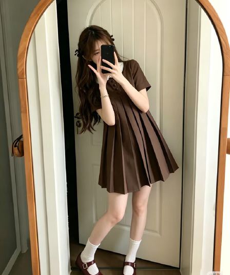 여름 한국 스타일 miu 부서 베이비 칼라 드레스 루즈핏 슬림해 보이는 플리츠 짧은 치마
