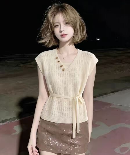 우유 화이트 V넥 스트랩 허리 수축 홀로우 아웃 민소매 티셔츠 여성 2026 새로운 여름 고유 한 아름다운 휴가 바람 맨위