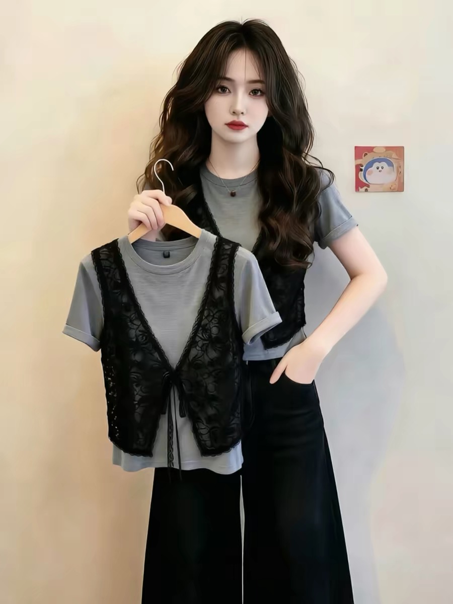 여름 2026 여름 새로운 Chic 매우 요정 ~ 중 맨위 회색 레이스 베스트 레이스업 디자인 반팔 티셔츠 여성