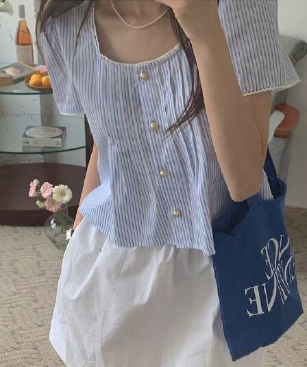 한 부서 부드러운 달콤함 소녀 파란색 스트라이프 레이스 패치워크 셔츠