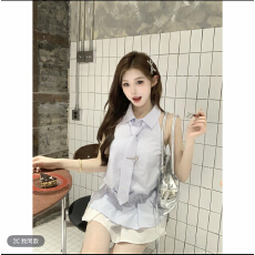 批发韩系甜美学院风领带蓝白<b class='q'>条纹</b>衬衫连衣裙女夏新款腰带假两件裙套装