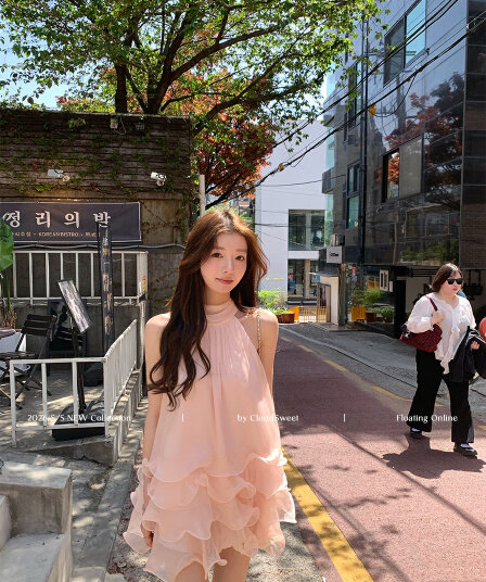 cloudsweet 흰 구름 달콤한 릴리 오브 더 밸리 여름 머리말 분위기 센스 핑크색 행침 목 드레스 민소매 쇼트 스타일 케이크 드레스