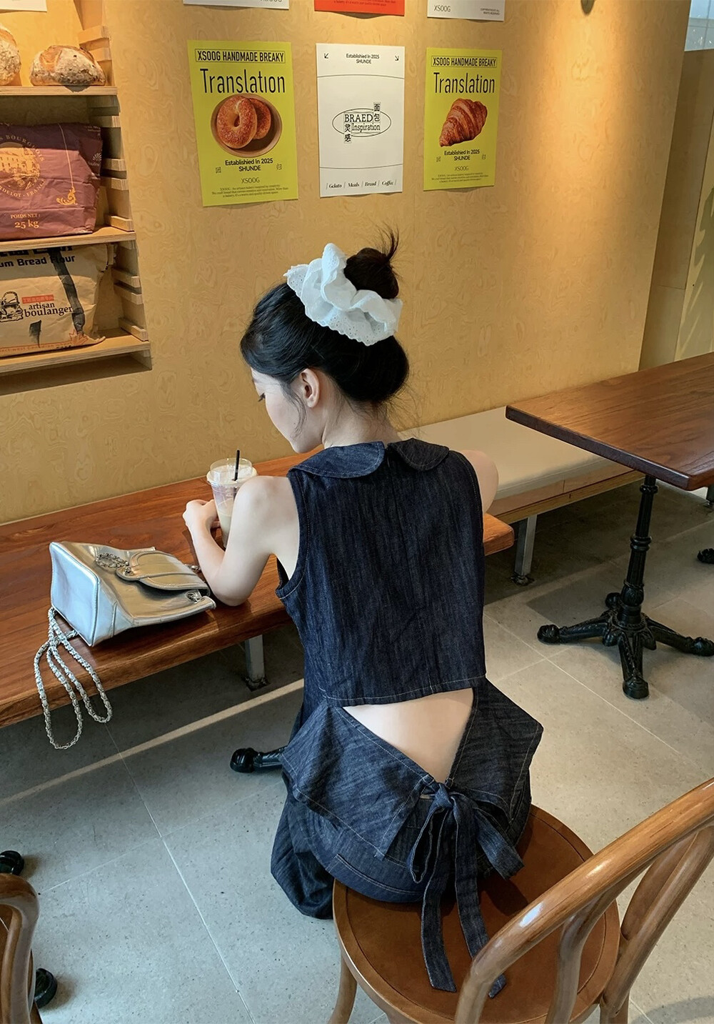 여름 데님 블루 백리스 스트랩 디자인 센스 베이비 칼라 민소매 작은 셔츠 하이웨이스트 넓은 다리 데님 캐주얼 바지 세트
