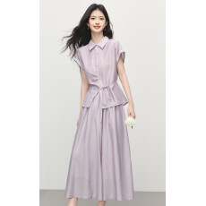 批发紫色套装夏季女装轻薄亚麻衬衫八分<b class='q'>裙</b>裤两件套