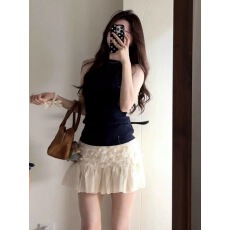 批发韩系复古拼接藏青色无袖套头背心女夏季修身显瘦辣妹休闲百搭上衣