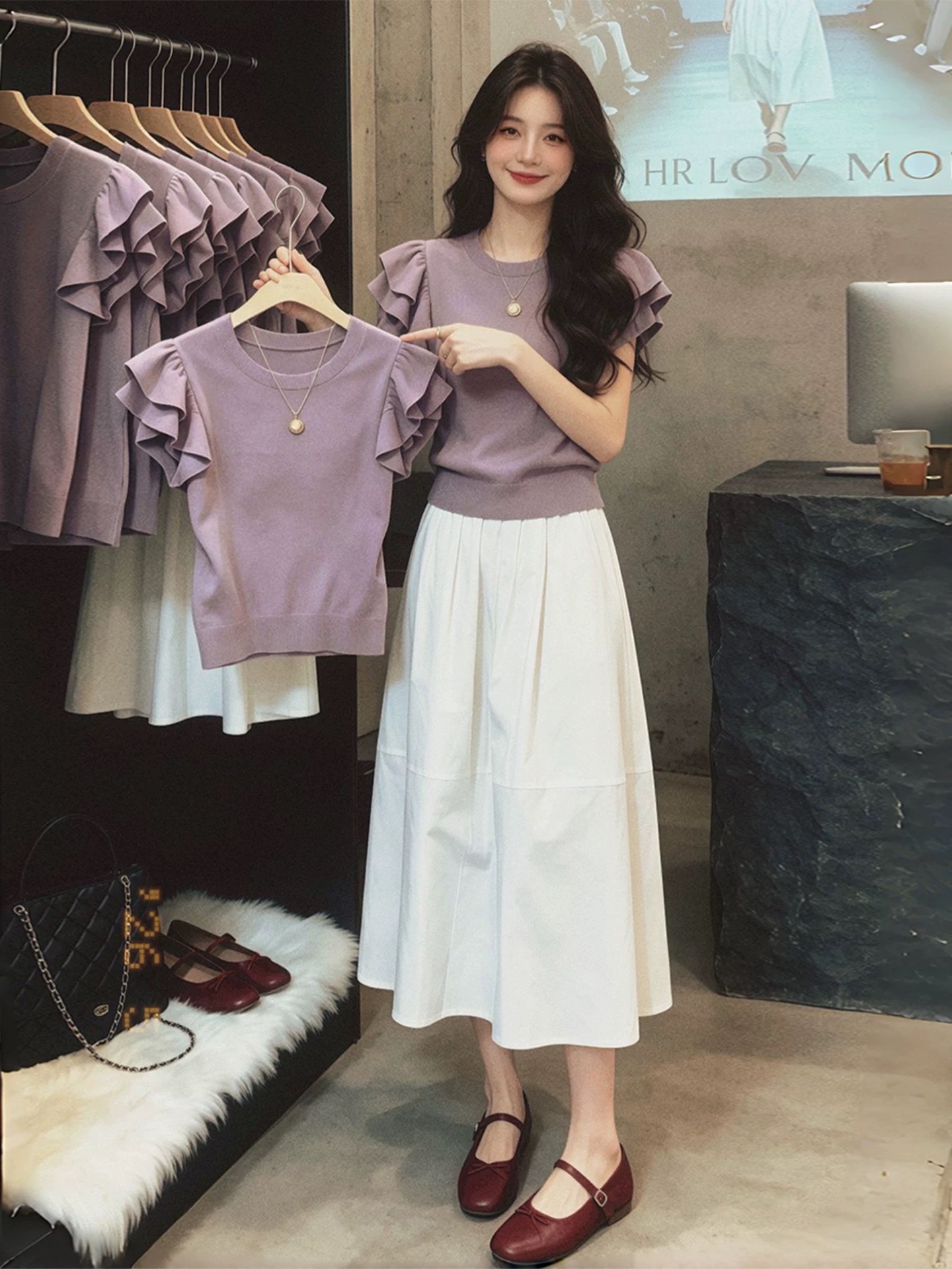 보라색 연꽃 잎 소매 반팔 몸매 가꾸기 라운드 넥 프릴 티셔츠 여성 2026 여름 튀김 거리 한 부서 도파민 맨위
