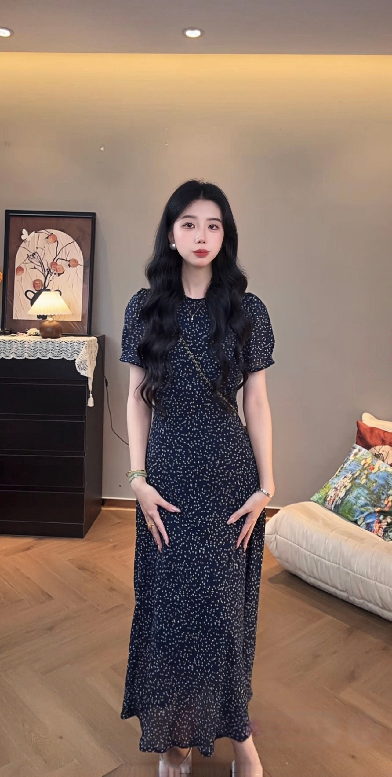 여름 새로운 한 부서 통기성 휴가 허리 수축 롱 스커트 슬림해 보이는 꽃무늬 드레스
