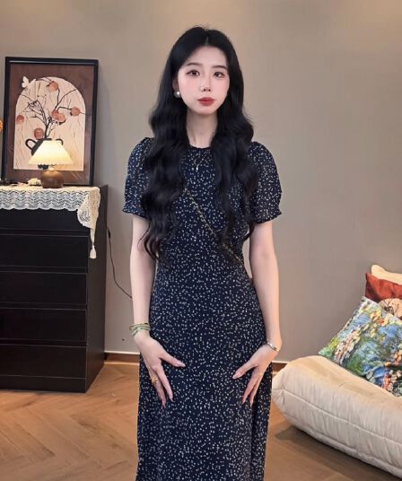 여름 새로운 한 부서 통기성 휴가 허리 수축 롱 스커트 슬림해 보이는 꽃무늬 드레스