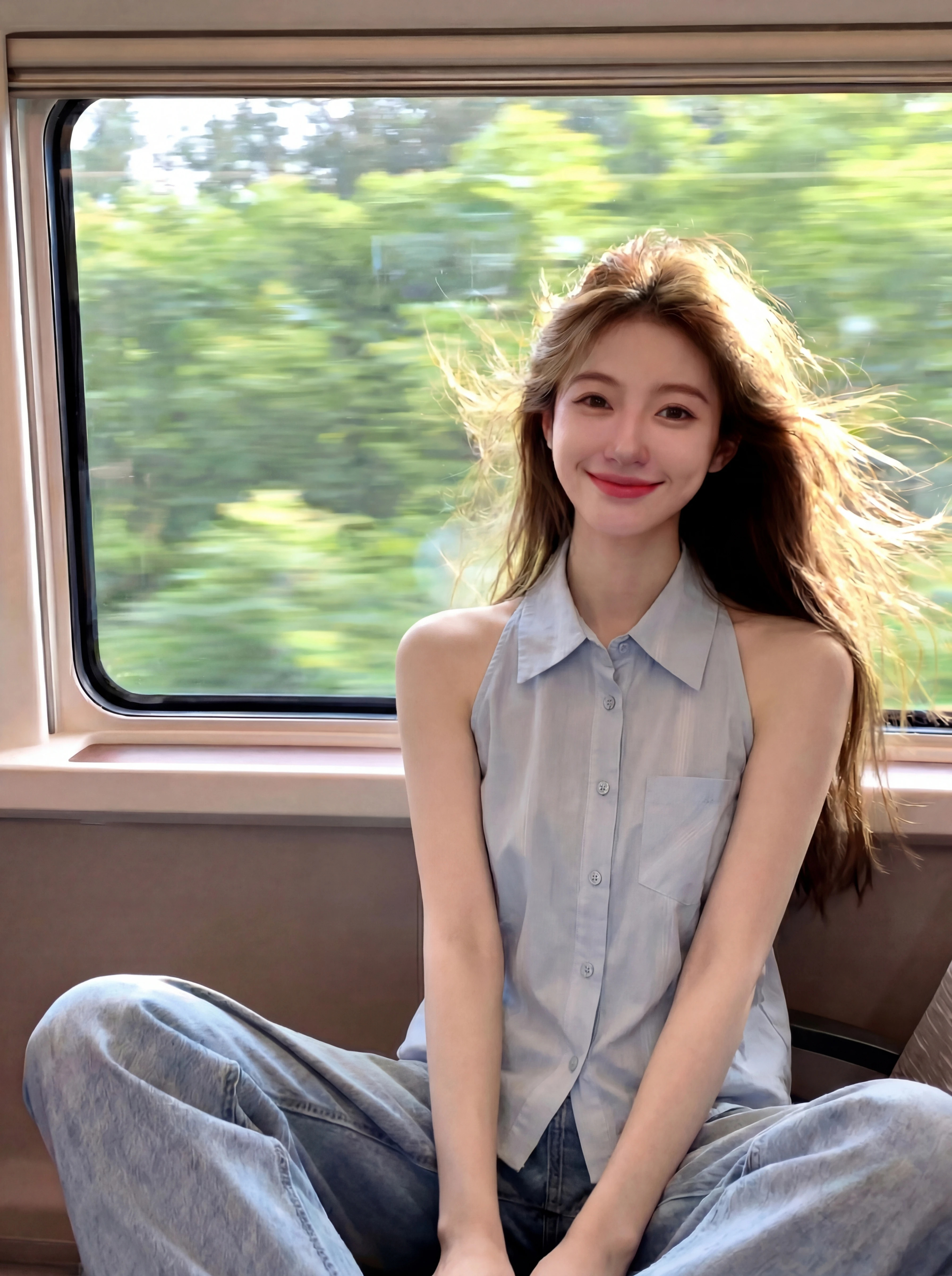 한 부서 패션 고유 한 폴로 칼라 민소매 파란색 여성 셔츠 2026 년 여름 캐주얼 미니멀리즘 단색 다용도 셔츠