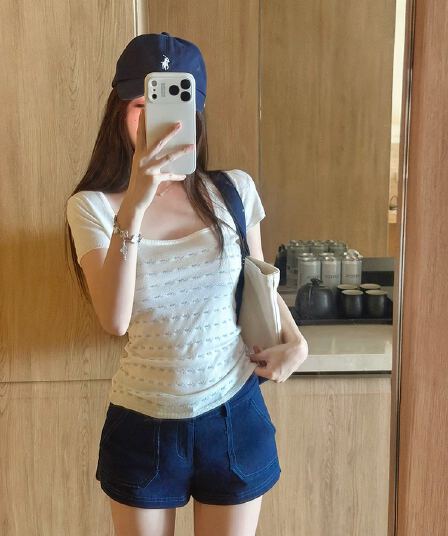 suuuicee 메이 여지 얼음 모래 작은 자카드 질감 순수한 욕망 대 u 칼라 짧은 맨위 몸매 가꾸기 니트 반팔 티셔츠