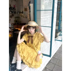 批发小个子娃娃领夏日甜美可爱宽松<b class='q'>裙</b>子黄色波点夏季连衣<b class='q'>裙</b>女