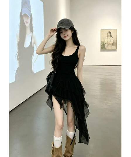 프랑스식 그는 벤 바람 검정색 슬립 여성 드레스 여름 허리 수축 불규칙 망사 패치워크 슬림해 보이는 품격 작은 검은 드레스