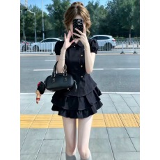 批发夏季甜酷学院风套装复古娃娃领收腰短袖衬衫少女感蛋糕短<b class='q'>裙</b>