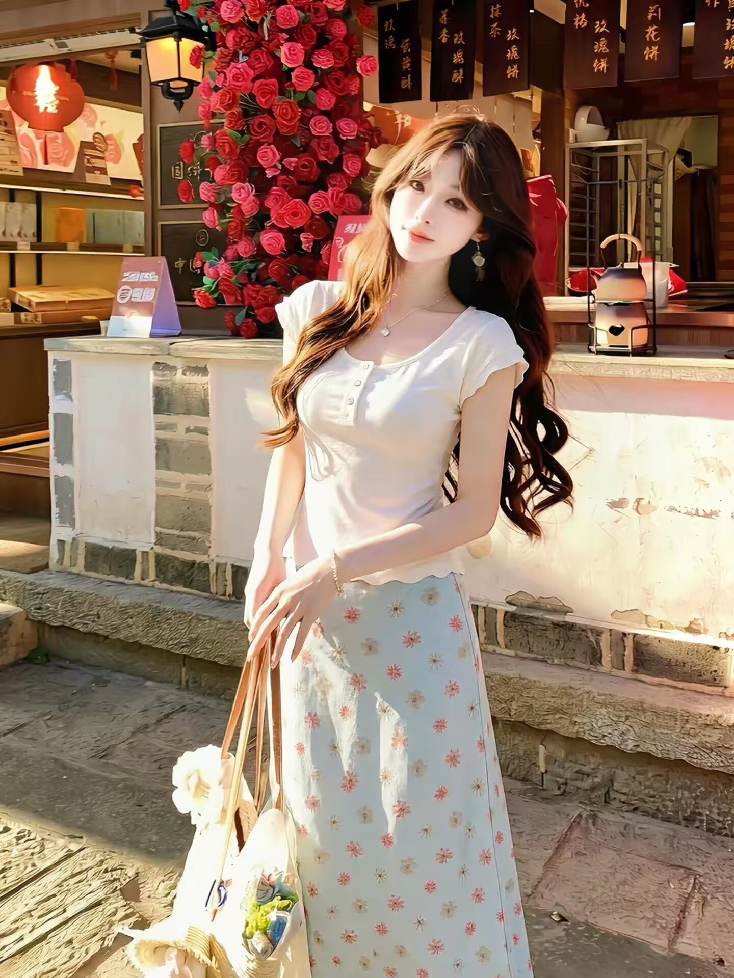 초여름 착용 가져 가라. 전체 집합 미니멀리즘 몸매 가꾸기 작은 날다 소매 티셔츠 맨위 여성 꽃무늬 인어 꼬리 반신 롱 스커트 투피스 세트