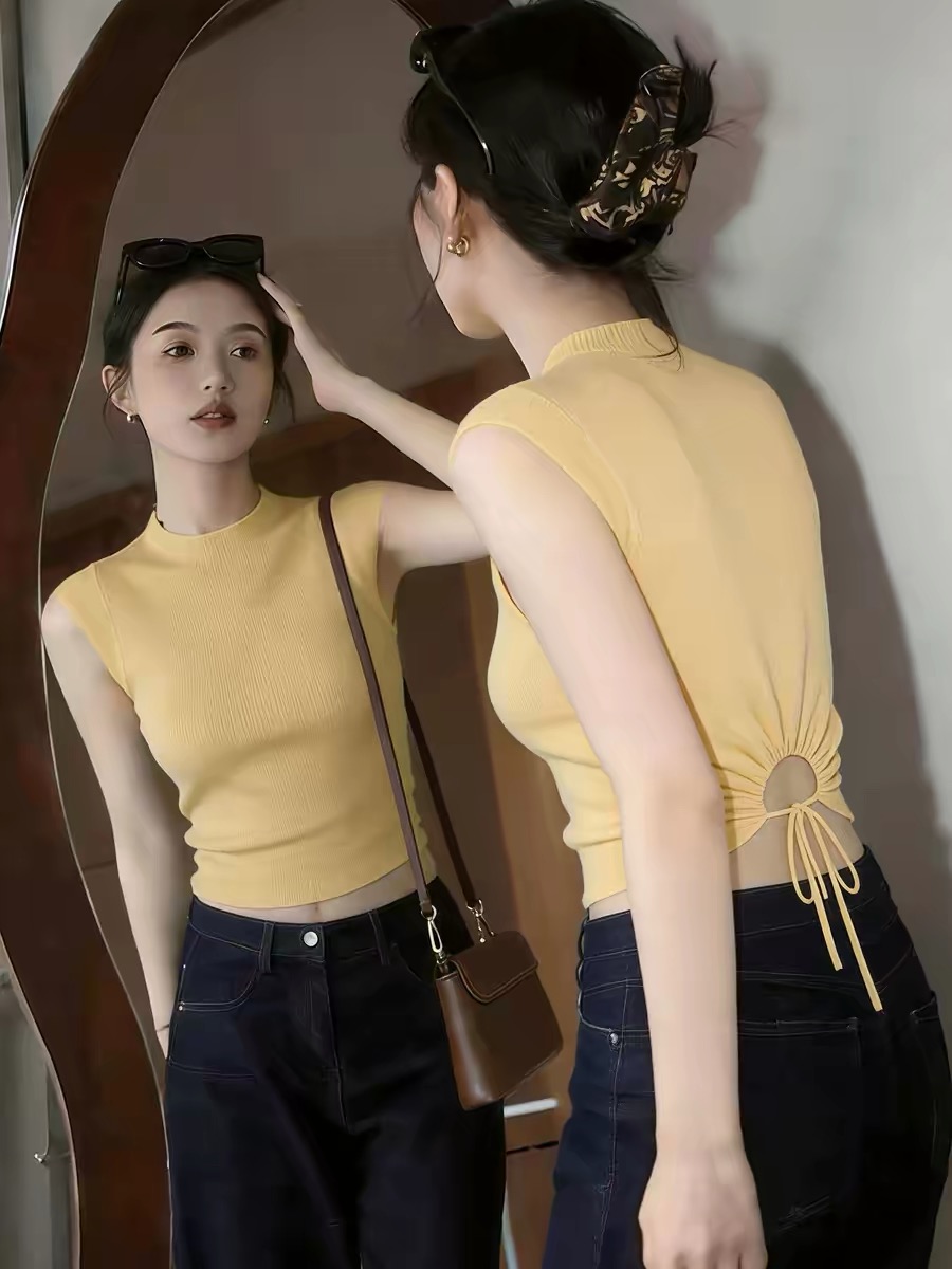 2026 여름 도파민 해변가 착용 가져 가라. 연령 감소 맨위 황색 스탠드 칼라 레이스업 홀로우 아웃 몸매 가꾸기 조끼 슬립 여성