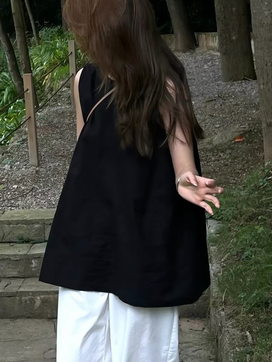 여름 외출용 디자인 센스 라미 인형 셔츠 맨위 얇은 프랑스식 루즈핏 검정색 민소매 조끼 아마 여성 셔츠