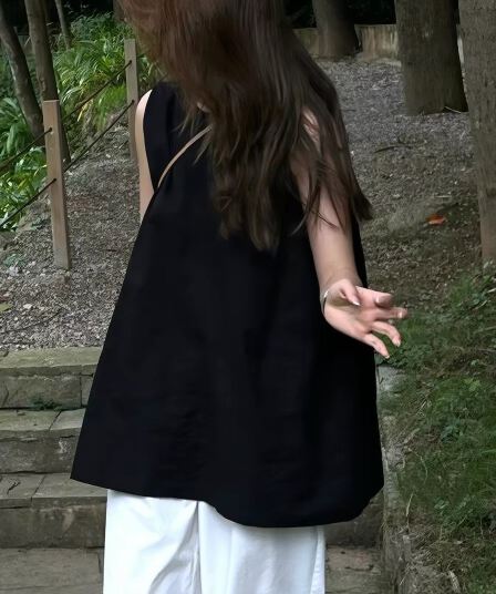 여름 외출용 디자인 센스 라미 인형 셔츠 맨위 얇은 프랑스식 루즈핏 검정색 민소매 조끼 아마 여성 셔츠