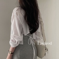 批发韩国chic夏季<b class='q'>长袖</b>雪纺防晒衫设计感小心机后背绑带露背短款<b class='q'>衬衫女</b>