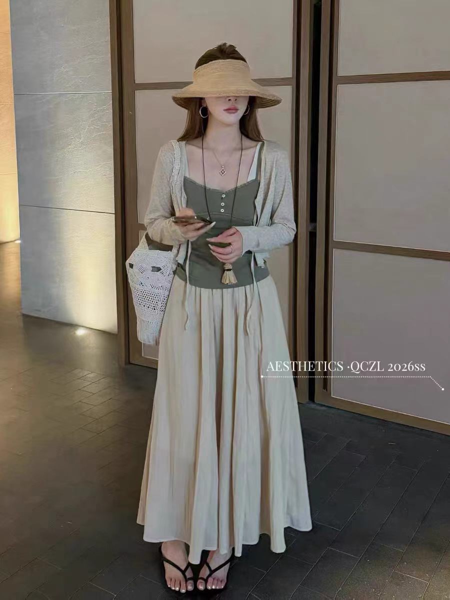 2026 여름 새로운 여성 한 부서 부드러운 바람 달콤함 배색 슬립 스택 착용 자외선 차단 오픈 가디건 반신 스커트 3종 세트