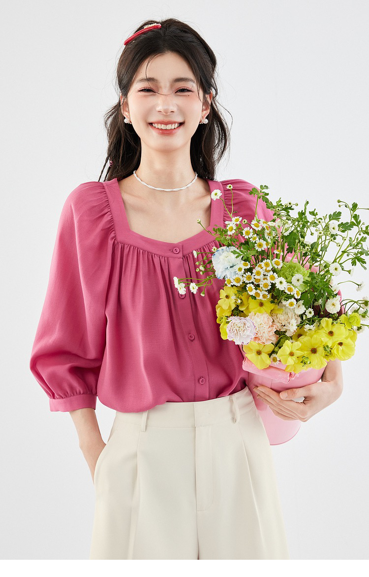 라스베리 분말 광장 칼라 쉬폰 여성 셔츠 여름 2026 새로운 프랑스식 사소한 아름다운 작은 셔츠 Chic 매우 요정 ~ 중 맨위