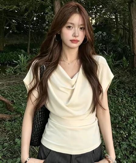 2026 여름 새로운 프랑스식 품격 화이트 흔들다 칼라 반팔 티셔츠 여성 작은 키 허리 수축 슬림해 보이는 다용도 맨위