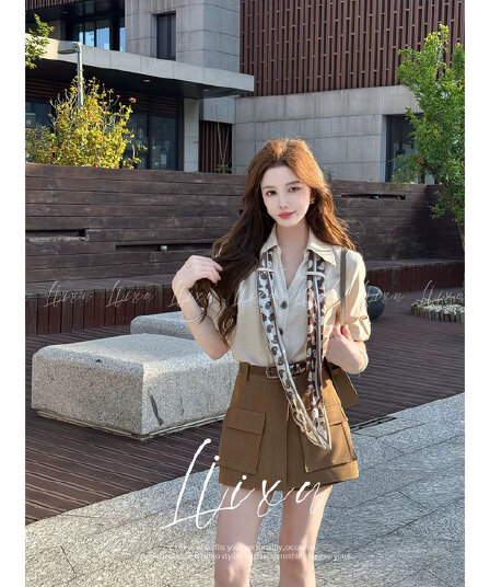 여름 새로운 디자인 센스 폴로 칼라 셔츠 코디 하이웨이스트 워크웨어 반바지 세트