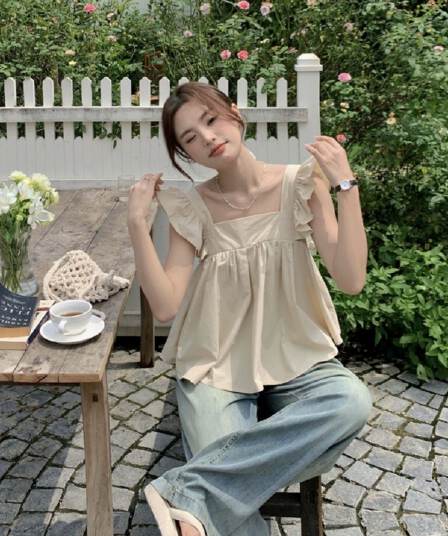 맨위 여성 여름 새로운 달콤함 디자인 센스 작은 대중 프릴 Chic 작은 셔츠 뒤로 명중 가져 가라.