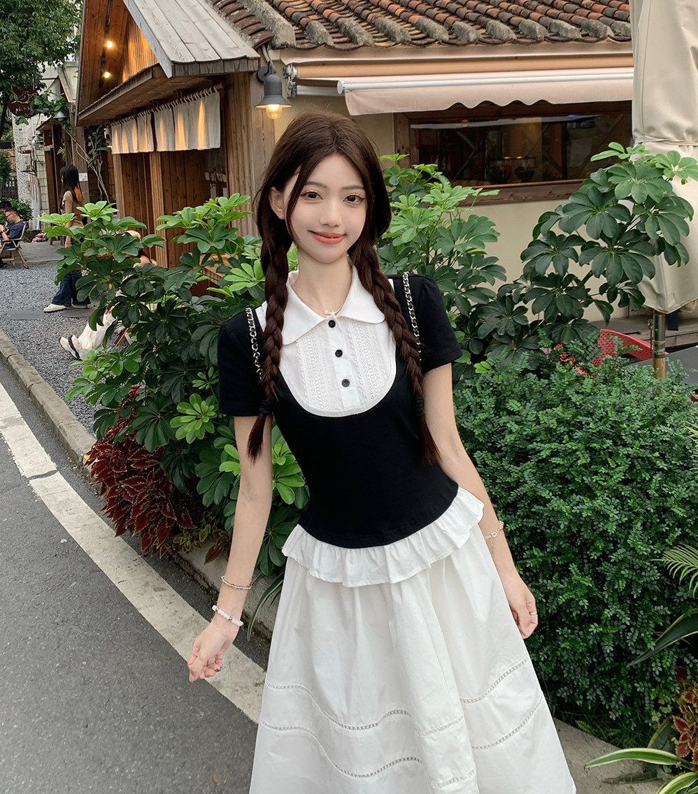 소녀 페이크 레이어드 패치워크 셔츠 티셔츠 레이스 반신 스커트 잘 행동 한 소녀 세트