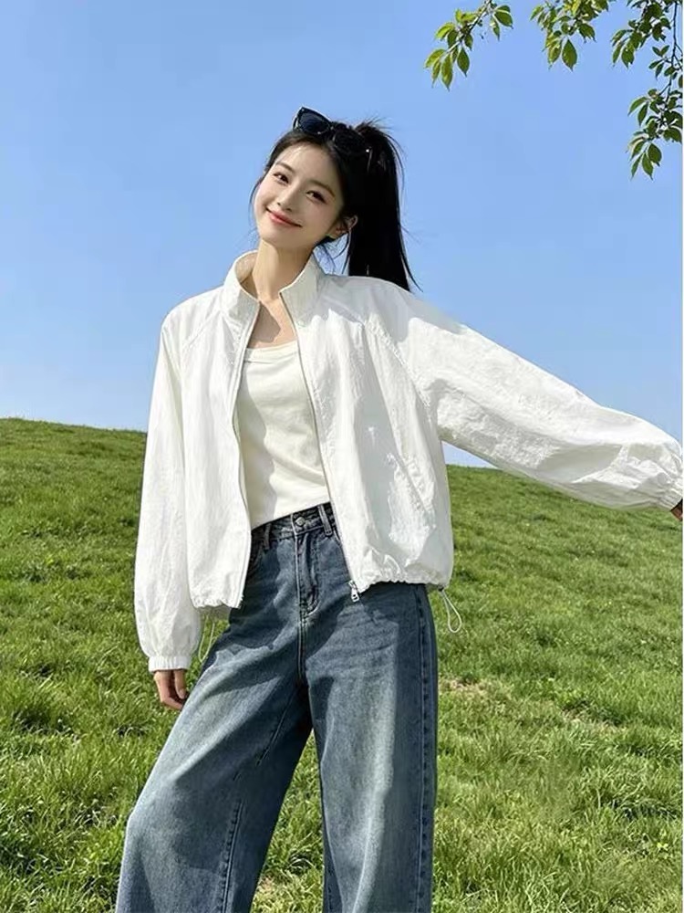 한 부서 화이트 얇은 스타일 스탠드 칼라 자외선 차단 재킷 여성 의류 여름 새로운 얇고 가벼운 야외 캐주얼 다용도 운동 맨위