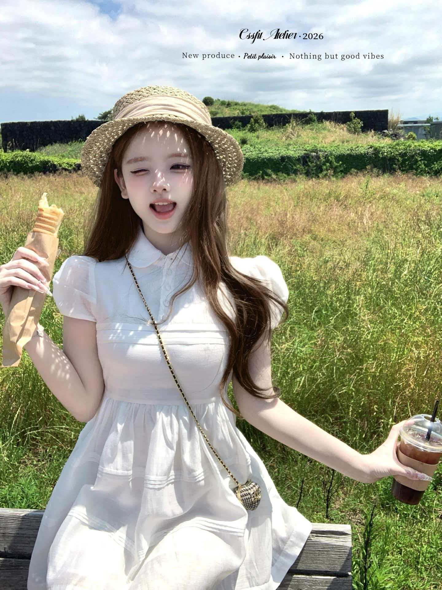 늦게 우산 우산 26 ss 빛 프로필 자르기 피터 팬 자수 폴로 칼라 민소매 반팔 드레스