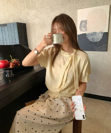 부드러운 인자 한 부서 가스 질감 리본 칼라 셔츠 여성 여름 작은 키 미니멀리즘 허리 수축 작은 셔츠