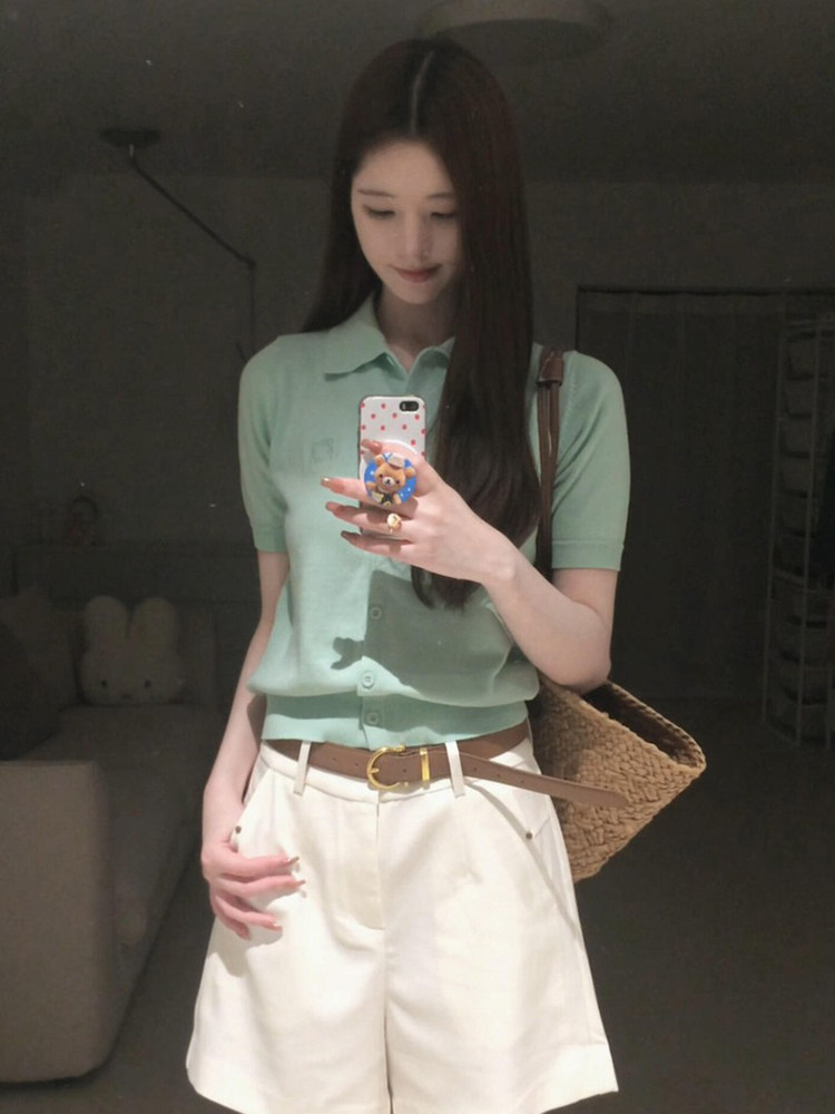 여름 한 부서 학원 스타일 폴로 칼라 싱글 줄 버튼 박하 녹색 니트 POLO 셔츠 미니멀리즘 루즈핏 반바지 투피스 세트
