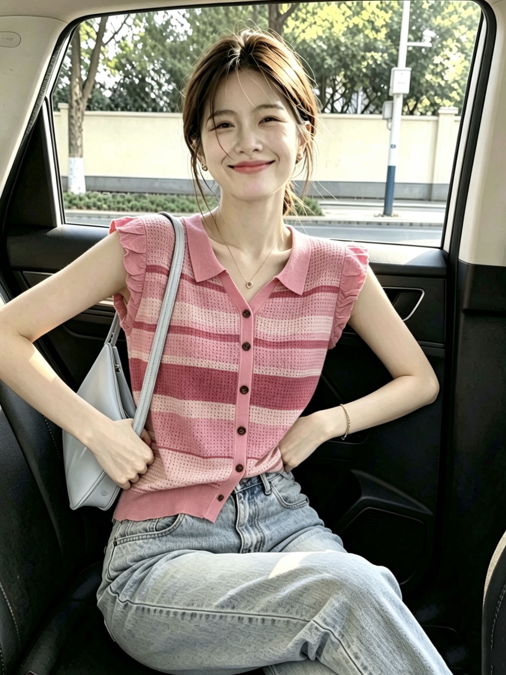 여름 얇은 스타일 POLO 칼라 민소매 쇼트 스타일 맨위 한 부서 작은 청신 스트라이프 니트 오픈 가디건 조끼 여자