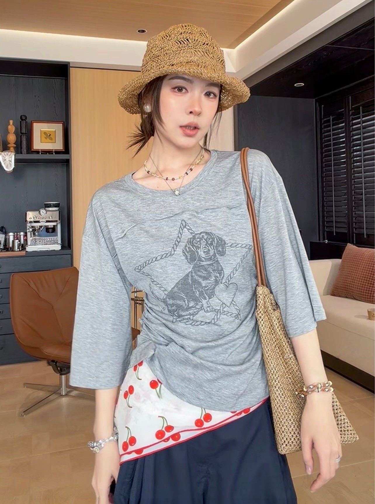 Breeze 들어가는 중 여름 작은 대중 미니멀리즘 레트로 프린트 느긋한 바람 다용도 5 점 소매 티셔츠
