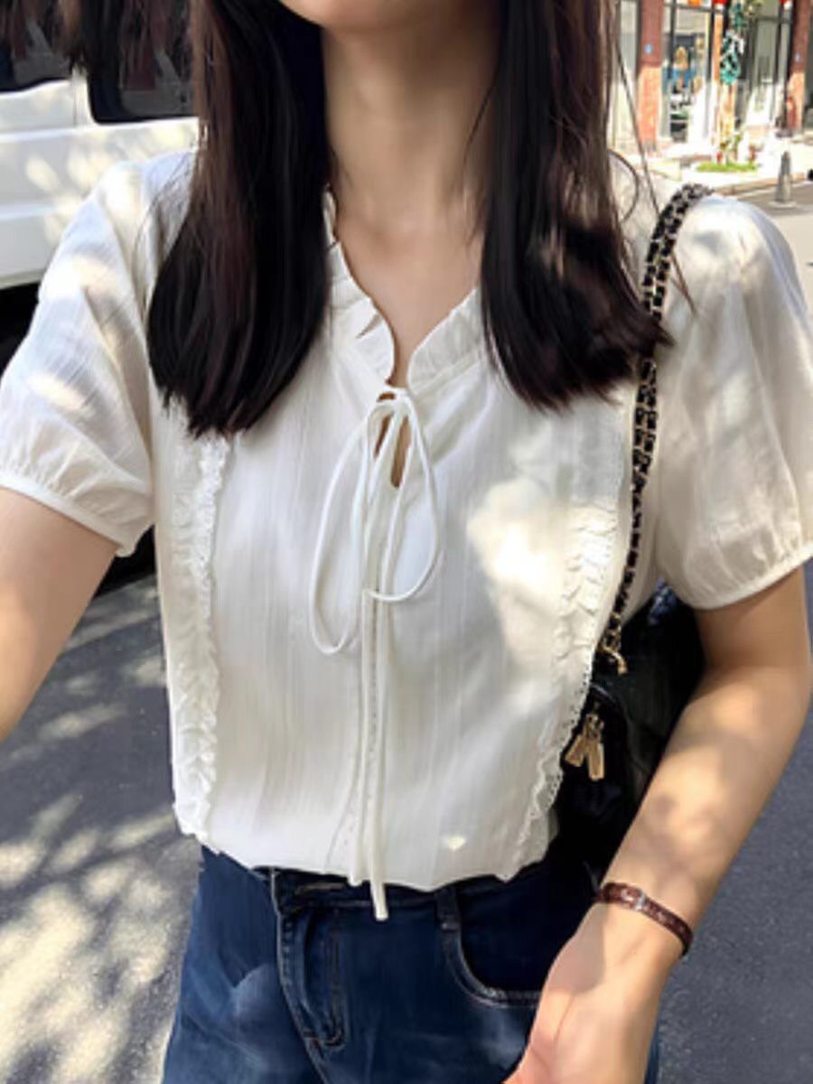 한국 chic 레이스 칼라 레이스업 화이트 여름 새로운 부드러운 바람 품격 Chic 반팔 맨위