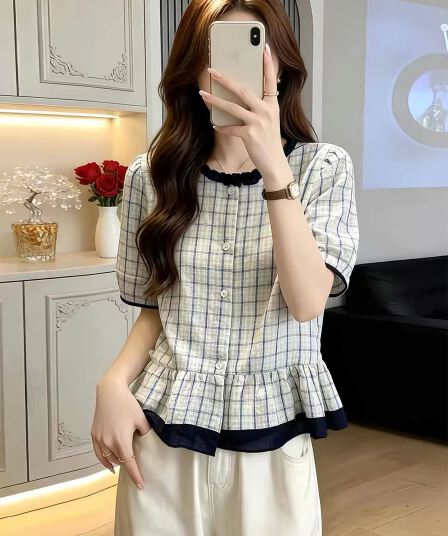 한 부서 프릴 체크무늬 반팔 여성 셔츠 여름 2026 새로운 루즈핏 슬림해 보이는 다용도 배색 작은 셔츠 맨위