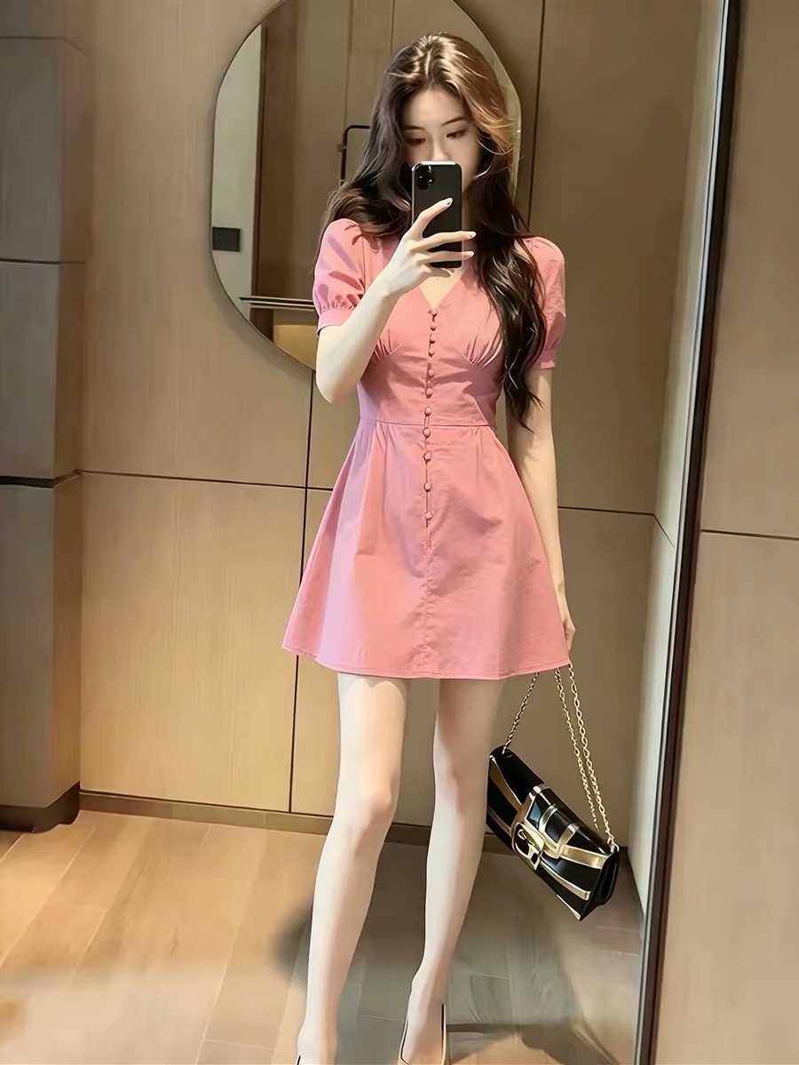 고급 센스 우아함 패치워크 슬림해 보이는 품격 치마 프랑스식 신선함 바람 패션 달콤함 핑크색 허리 수축 여성 드레스