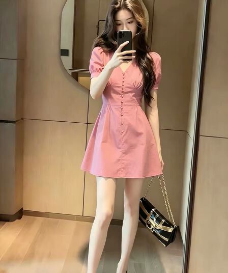 고급 센스 우아함 패치워크 슬림해 보이는 품격 치마 프랑스식 신선함 바람 패션 달콤함 핑크색 허리 수축 여성 드레스