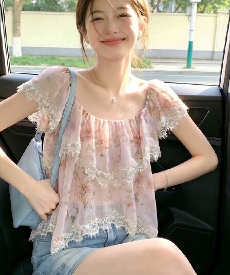 불규칙 꽃무늬 레이스 쉬폰 여성 셔츠 여름 순수한 욕망 핫걸 광장 칼라 작은 날다 소매 맨위 자이언트 잘 생긴 셔츠
