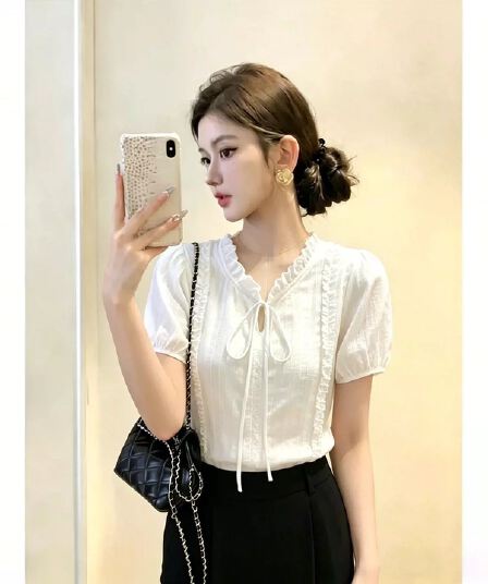 우아함 고급 센스 화이트 레이스 레이스업 반팔 여성 셔츠 여름 새로운 외국 가스 연령 감소 잘 생긴 루즈핏 셔츠