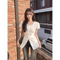 批发韩国chic气质简约方领系带收腰衬衫