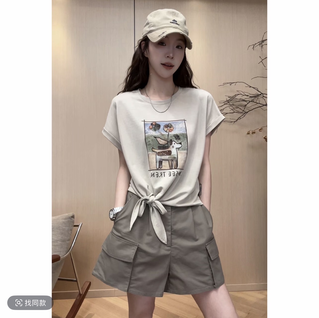 작은 조용한 잠시 만화 강아지 프린트 스트랩 티셔츠 워크웨어 반바지 여름 미니멀리즘 좋아 보인다. 캐주얼 슬림해 보이는