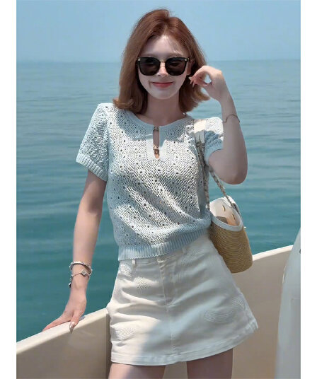 여름 새로운 프랑스식 작은 샤넬 스타일 홀로우 아웃 반팔 니트 스웨터 여성 하이웨이스트 반신 치마 세트