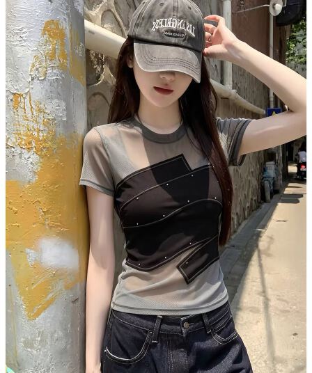유럽 상품 고급 센스 브라운 핫픽스 튜브탑 패치워크 반팔 티셔츠 여름 새로운 작은 대중 디자인 세련된 맨위 여성